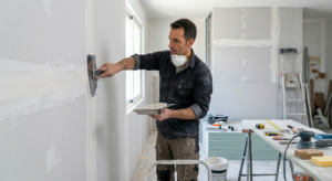 Profissional a aplicar massa de acabamento em parede de pladur durante uma obra de remodelação, garantindo um acabamento uniforme e de elevada qualidade.