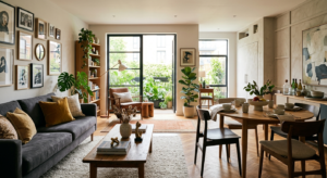 Sala moderna com design de interiores contemporâneo, mobiliário em madeira, decoração minimalista e conceito open space.
