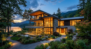 Moradia moderna de arquitetura contemporânea com grandes superfícies envidraçadas, iluminação exterior, revestimentos em pedra e madeira e design elegante integrado na paisagem natural.