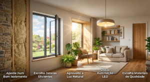 Casa moderna com isolamento térmico, janelas eficientes, iluminação LED e soluções para melhorar a eficiência energética da habitação.
