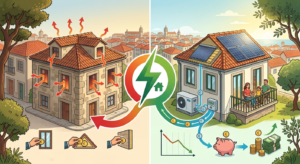 Comparação entre uma casa com baixa eficiência energética e uma habitação moderna com isolamento, painéis solares e bomba de calor.