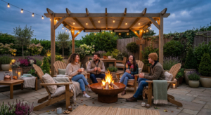 Espaço exterior moderno com pérgola em madeira, iluminação decorativa, jardim paisagístico e zona de convívio com lareira exterior.