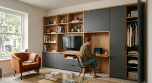 Móveis por medida para sala moderna com estante, roupeiro integrado, móvel de televisão e secretária personalizada.