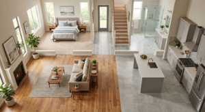 Remodelação de interiores com pavimentos em madeira e cerâmica, cozinha moderna, sala de estar e casa de banho com acabamentos de elevada qualidade.