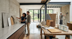 Seleção de materiais e acabamentos para construção e remodelação, incluindo madeira, pedra, cerâmica e revestimentos modernos.