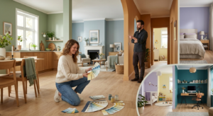 Escolha de tintas para interiores com paleta de cores, diferentes divisões da casa e exemplos de acabamentos modernos para remodelação e decoração.